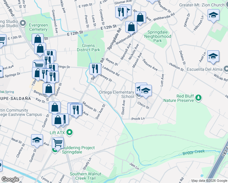 map of restaurants, bars, coffee shops, grocery stores, and more near 1131 Spur Street in Austin