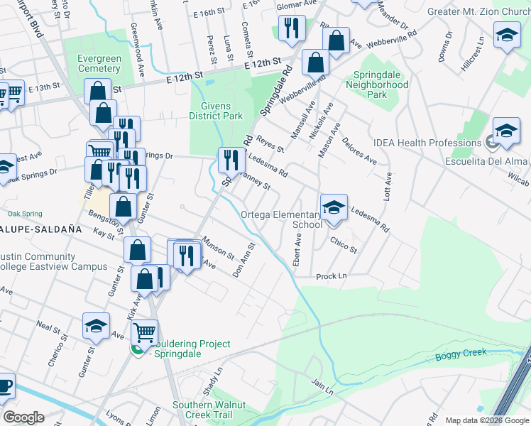 map of restaurants, bars, coffee shops, grocery stores, and more near 1127 Mark Street in Austin