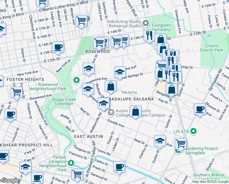 map of restaurants, bars, coffee shops, grocery stores, and more near 4002 Webberville Road in Austin