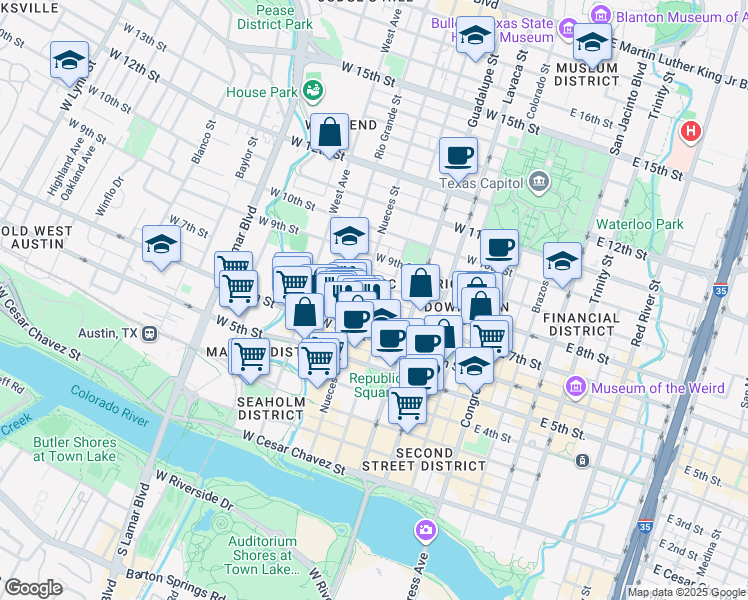 map of restaurants, bars, coffee shops, grocery stores, and more near 805 Nueces Street in Austin