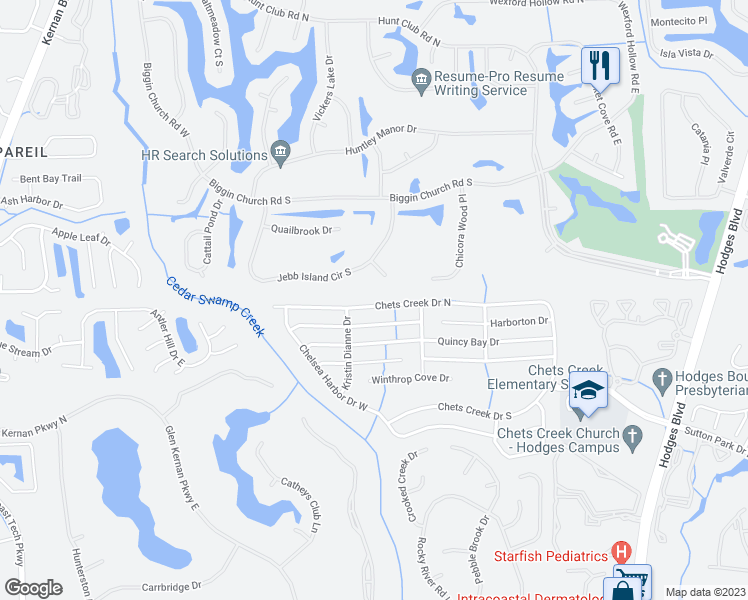 map of restaurants, bars, coffee shops, grocery stores, and more near 12857 Chets Creek Drive North in Jacksonville