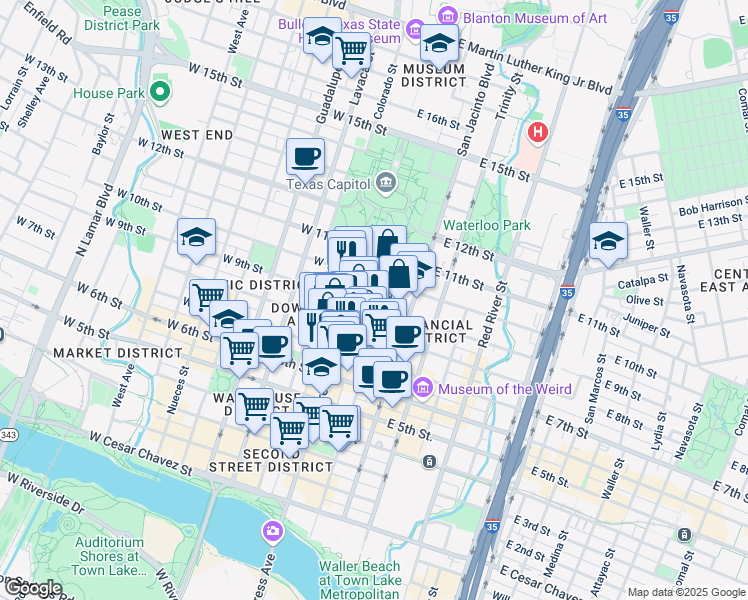 map of restaurants, bars, coffee shops, grocery stores, and more near 110 East 9th Street in Austin