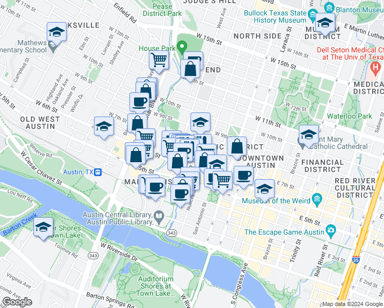 map of restaurants, bars, coffee shops, grocery stores, and more near Rio Grande St & W 7th St in Austin