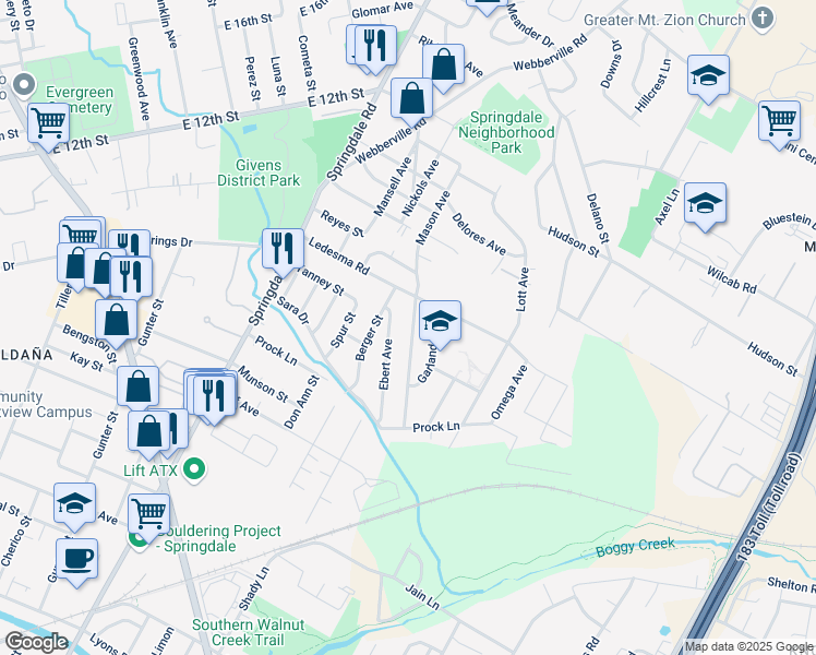 map of restaurants, bars, coffee shops, grocery stores, and more near 1150 Richardine Avenue in Austin