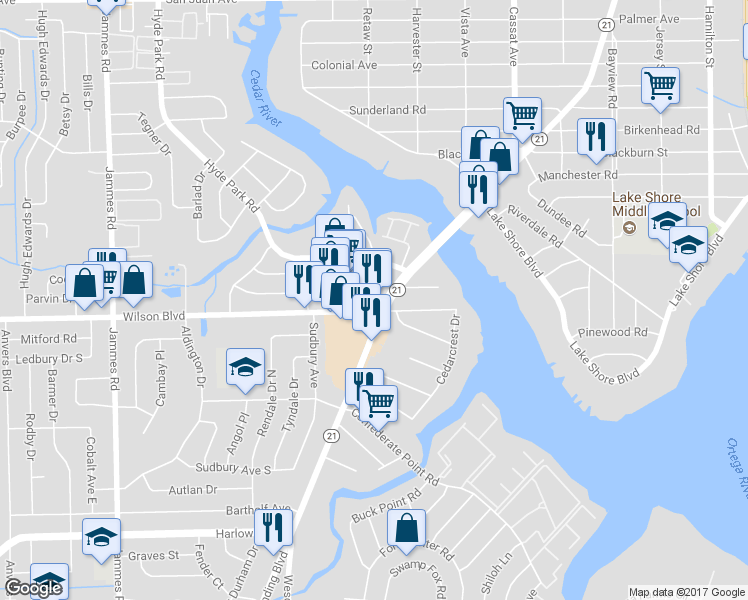 map of restaurants, bars, coffee shops, grocery stores, and more near 3552 Blanding Boulevard in Jacksonville
