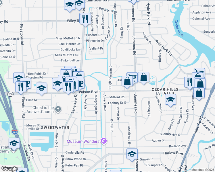 map of restaurants, bars, coffee shops, grocery stores, and more near 2601 Hugh Edwards Drive in Jacksonville