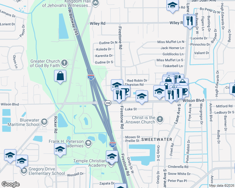 map of restaurants, bars, coffee shops, grocery stores, and more near 7134 Thurston Road in Jacksonville