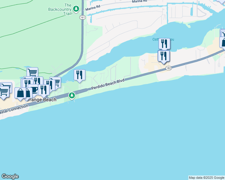 map of restaurants, bars, coffee shops, grocery stores, and more near 26302 Alabama 182 in Orange Beach