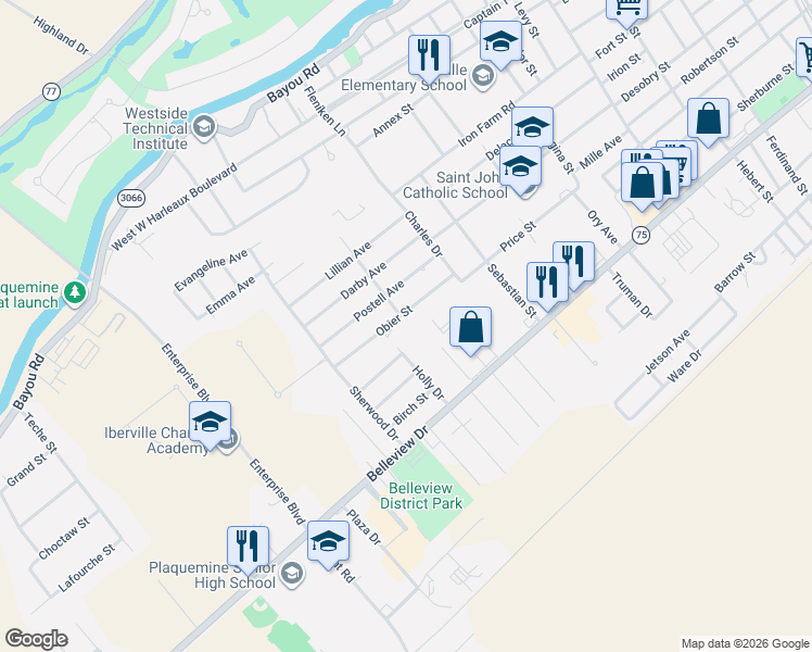 map of restaurants, bars, coffee shops, grocery stores, and more near 58965 Obier Street in Plaquemine