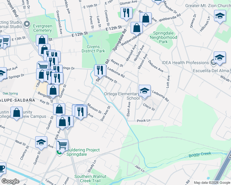 map of restaurants, bars, coffee shops, grocery stores, and more near 1127 Mark Street in Austin