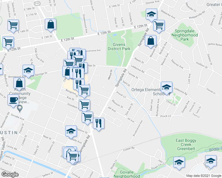 map of restaurants, bars, coffee shops, grocery stores, and more near 1055 Springdale Road in Austin