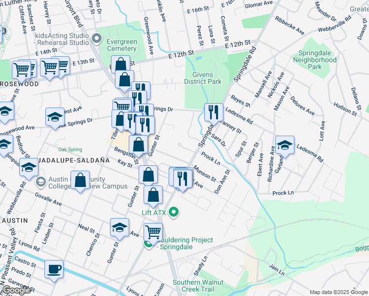 map of restaurants, bars, coffee shops, grocery stores, and more near 1050 Springdale Road in Austin