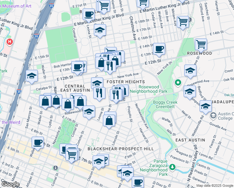 map of restaurants, bars, coffee shops, grocery stores, and more near 1903 Pennsylvania Avenue in Austin