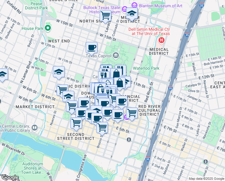 map of restaurants, bars, coffee shops, grocery stores, and more near 920 Congress Avenue in Austin