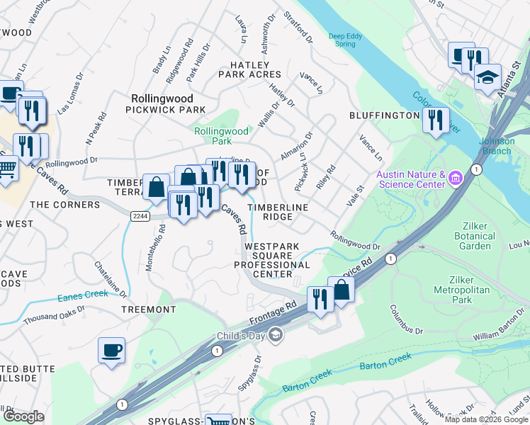 map of restaurants, bars, coffee shops, grocery stores, and more near 4712 Timberline Drive in Rollingwood