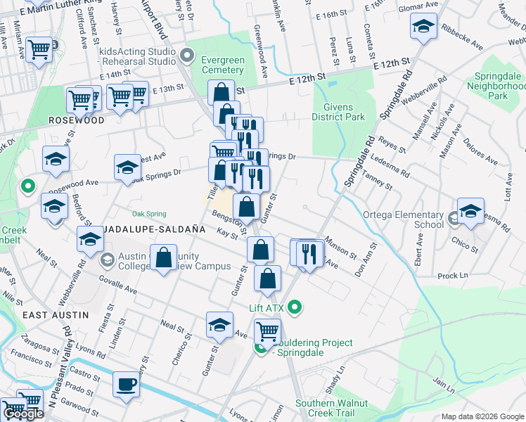 map of restaurants, bars, coffee shops, grocery stores, and more near 1140 Gunter Street in Austin