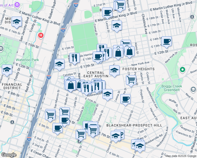 map of restaurants, bars, coffee shops, grocery stores, and more near in Austin