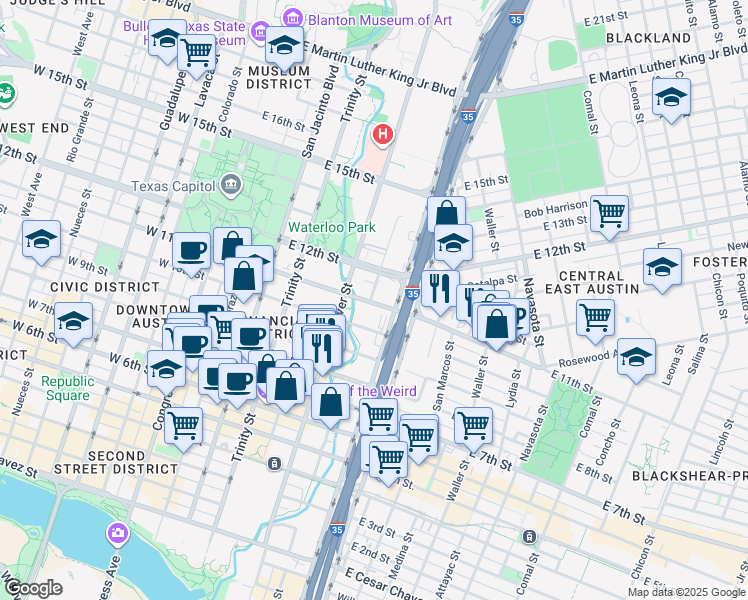 map of restaurants, bars, coffee shops, grocery stores, and more near 705 East 12th Street in Austin