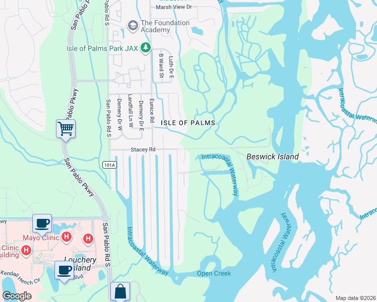 map of restaurants, bars, coffee shops, grocery stores, and more near 4107 Sunrise Cove Way in Jacksonville