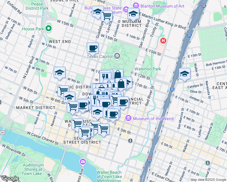 map of restaurants, bars, coffee shops, grocery stores, and more near 110 East 9th Street in Austin
