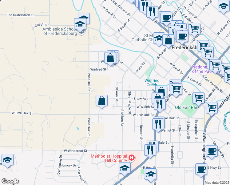 map of restaurants, bars, coffee shops, grocery stores, and more near 446 Saint Ann Street in Fredericksburg