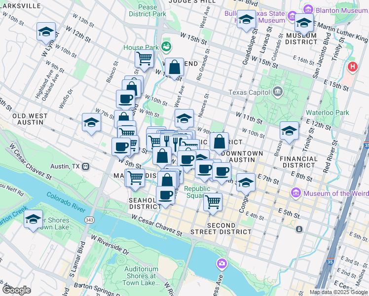 map of restaurants, bars, coffee shops, grocery stores, and more near 704 Rio Grande Street in Austin