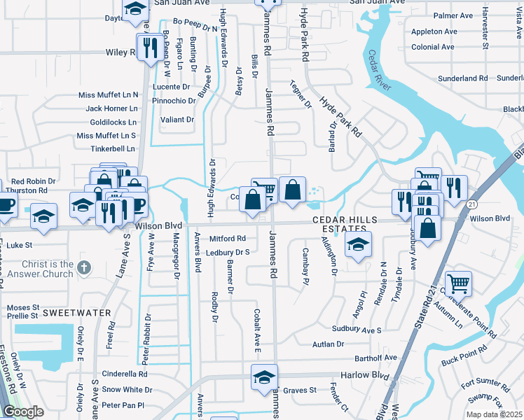 map of restaurants, bars, coffee shops, grocery stores, and more near 6438 Cooper Lane in Jacksonville