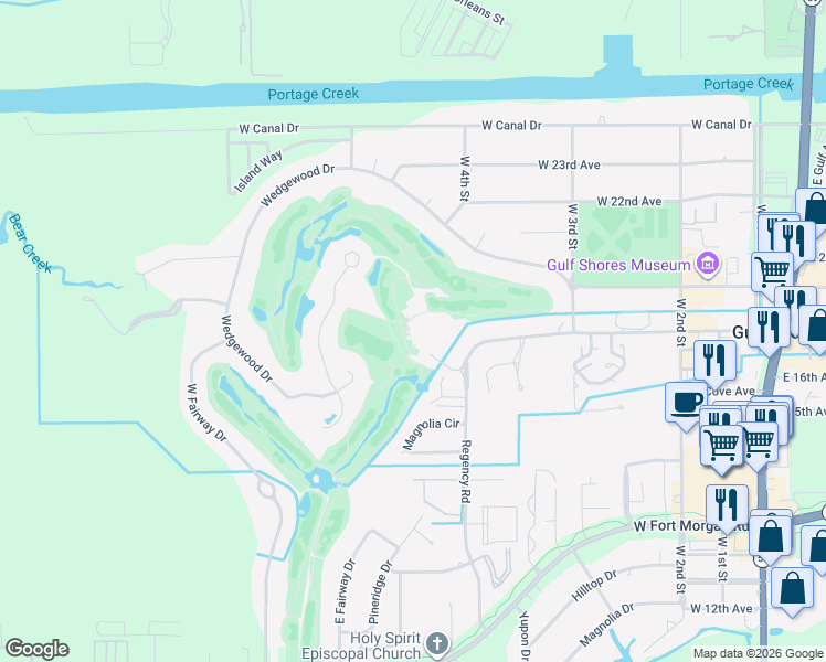 map of restaurants, bars, coffee shops, grocery stores, and more near 520 Clubhouse Drive in Gulf Shores