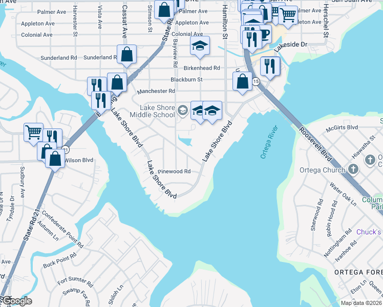 map of restaurants, bars, coffee shops, grocery stores, and more near 4637 Riverdale Road in Jacksonville