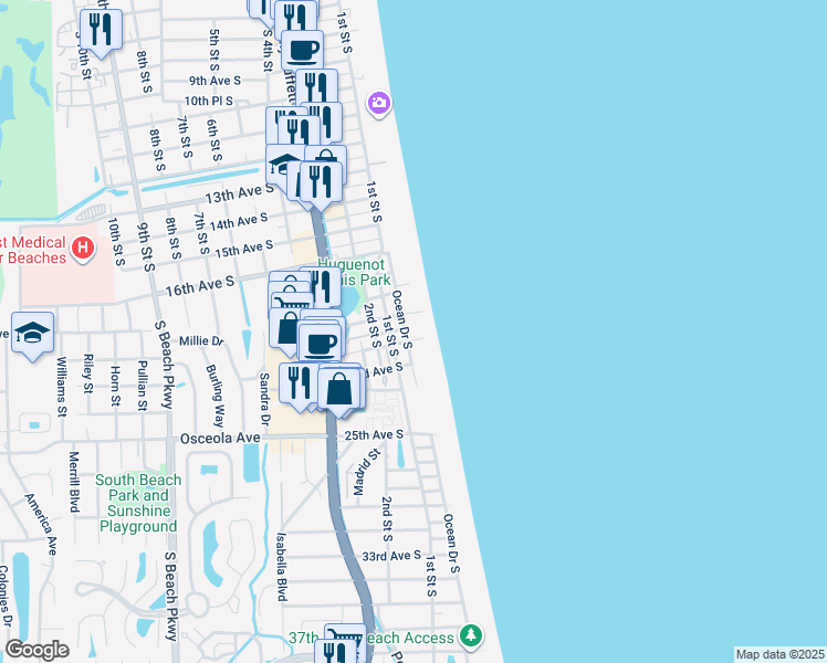 map of restaurants, bars, coffee shops, grocery stores, and more near 1951 Ocean Drive South in Jacksonville Beach