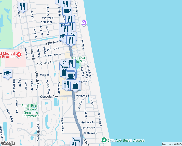 map of restaurants, bars, coffee shops, grocery stores, and more near 1951 Ocean Drive South in Jacksonville Beach