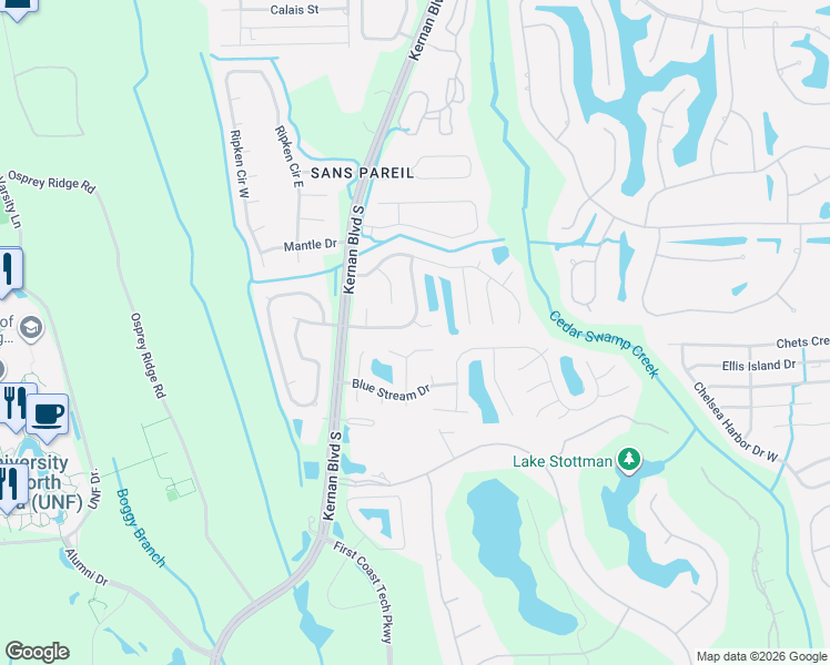 map of restaurants, bars, coffee shops, grocery stores, and more near 4487 Hunters Haven Lane East in Jacksonville