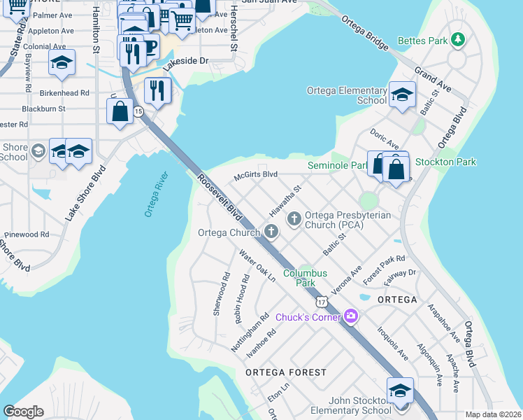 map of restaurants, bars, coffee shops, grocery stores, and more near 2609 Iroquois Avenue in Jacksonville