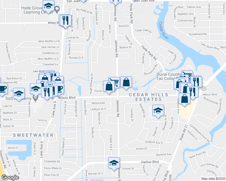 map of restaurants, bars, coffee shops, grocery stores, and more near 6438 Cooper Lane in Jacksonville