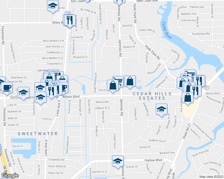 map of restaurants, bars, coffee shops, grocery stores, and more near 6438 Cooper Lane in Jacksonville