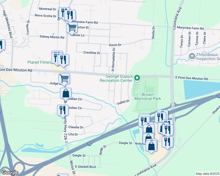 map of restaurants, bars, coffee shops, grocery stores, and more near 114 Winsor Drive in Lafayette