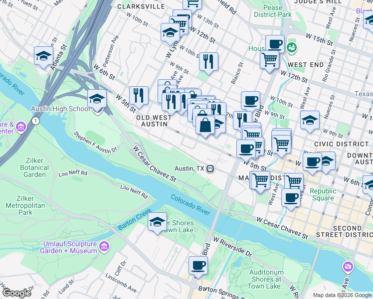 map of restaurants, bars, coffee shops, grocery stores, and more near 401 Orchard Street in Austin