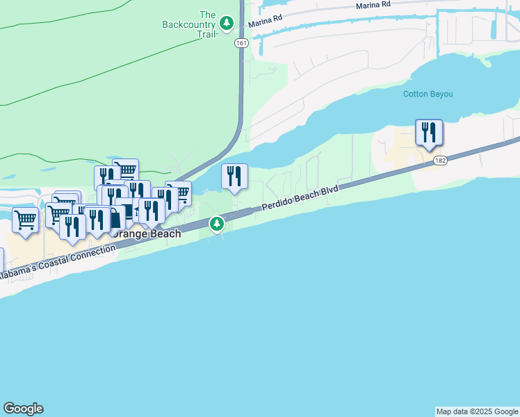 map of restaurants, bars, coffee shops, grocery stores, and more near 26021 Perdido Beach Boulevard in Orange Beach