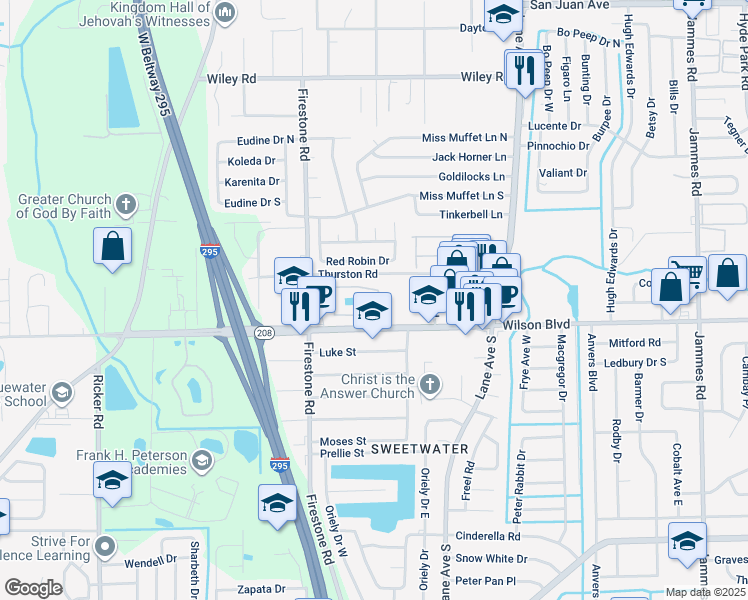 map of restaurants, bars, coffee shops, grocery stores, and more near 7101 Wilson Boulevard in Jacksonville