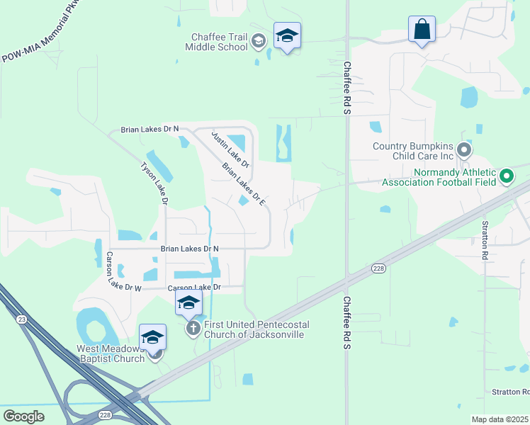 map of restaurants, bars, coffee shops, grocery stores, and more near 2378 Brian Lakes Drive East in Jacksonville