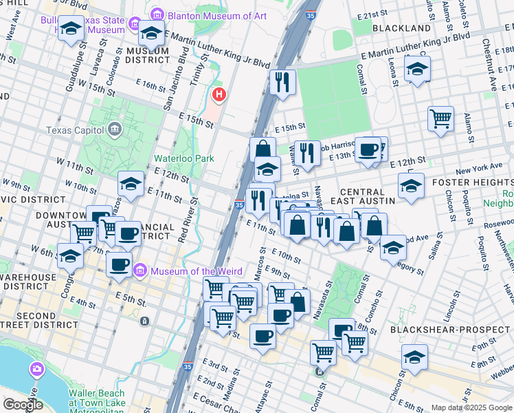 map of restaurants, bars, coffee shops, grocery stores, and more near 1109 North Interstate Highway 35 in Austin