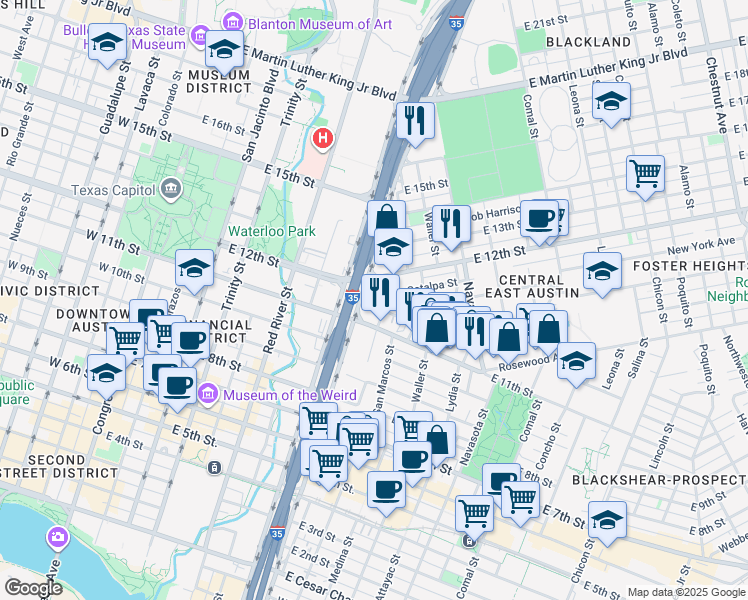 map of restaurants, bars, coffee shops, grocery stores, and more near 1190 Branch Street in Austin