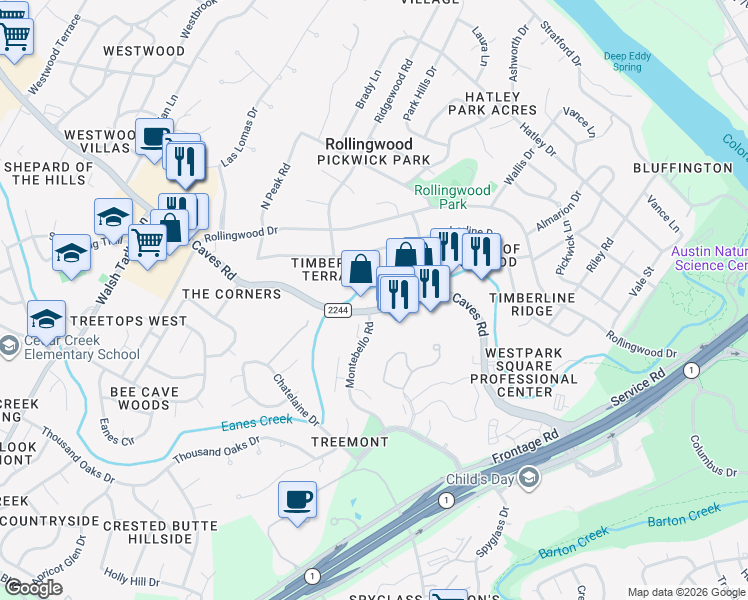 map of restaurants, bars, coffee shops, grocery stores, and more near 2826 Bee Caves Road in Rollingwood
