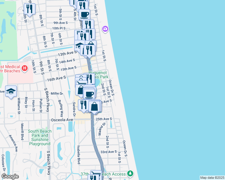 map of restaurants, bars, coffee shops, grocery stores, and more near 1951 Ocean Drive South in Jacksonville Beach
