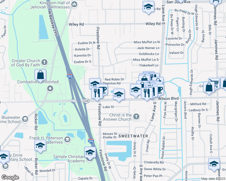 map of restaurants, bars, coffee shops, grocery stores, and more near 7101 Wilson Boulevard in Jacksonville