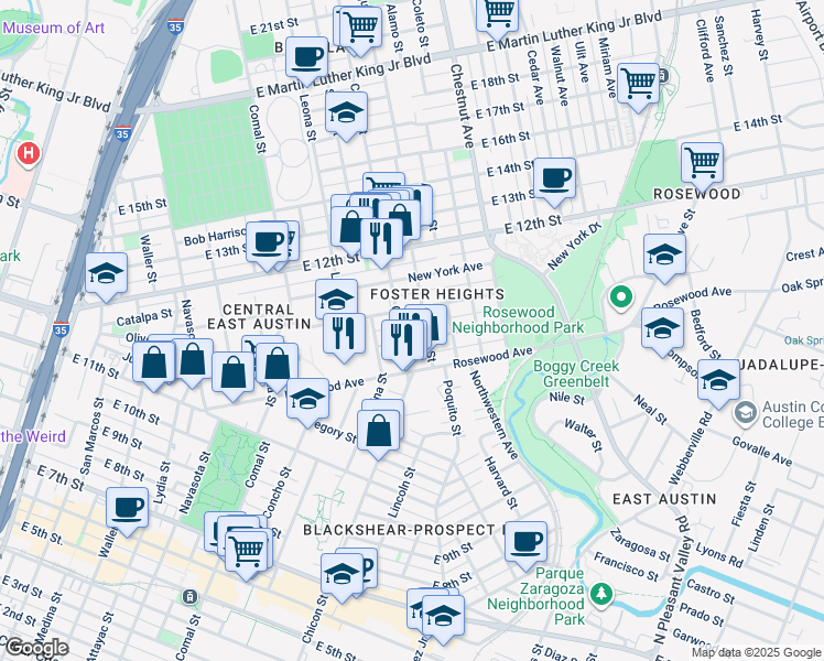 map of restaurants, bars, coffee shops, grocery stores, and more near 1903 Pennsylvania Avenue in Austin