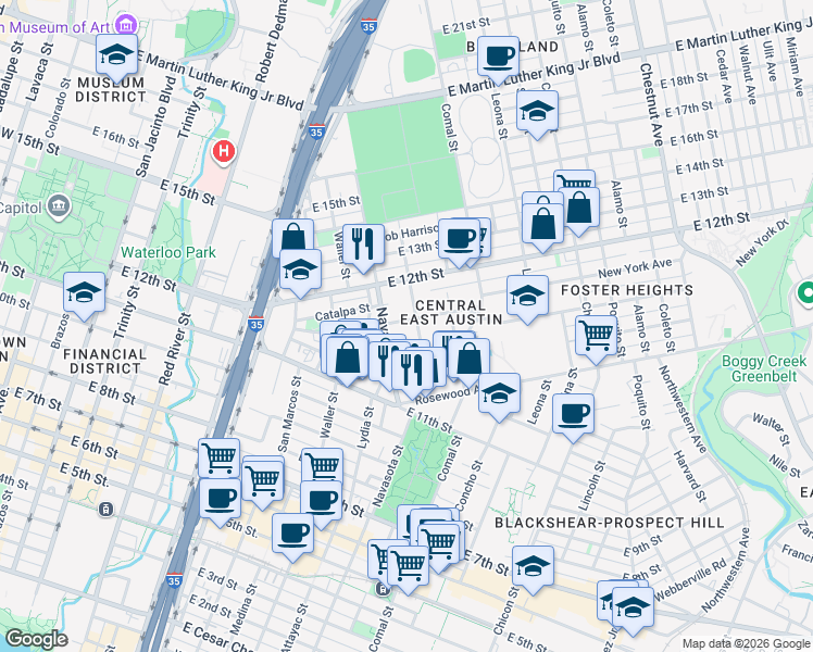 map of restaurants, bars, coffee shops, grocery stores, and more near 1190 San Bernard Street in Austin