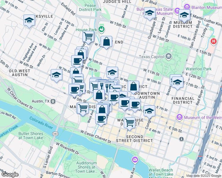 map of restaurants, bars, coffee shops, grocery stores, and more near 701 Rio Grande Street in Austin