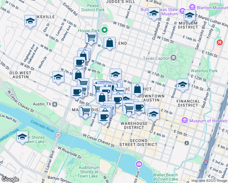 map of restaurants, bars, coffee shops, grocery stores, and more near 701 Rio Grande Street in Austin