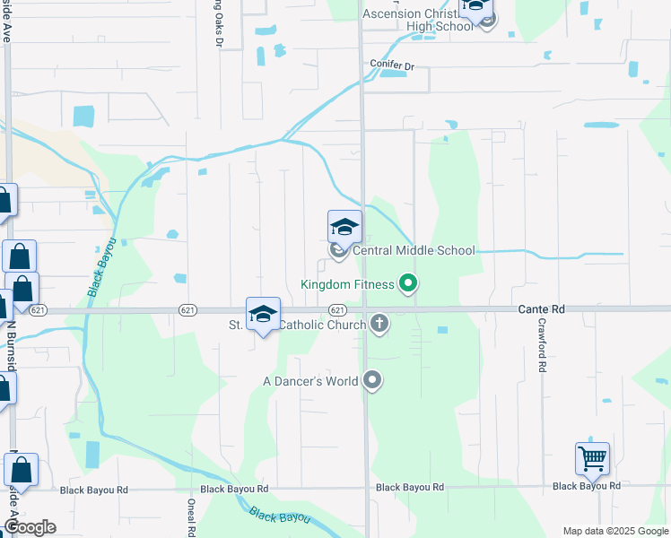 map of restaurants, bars, coffee shops, grocery stores, and more near 14101 Roddy Road in Gonzales